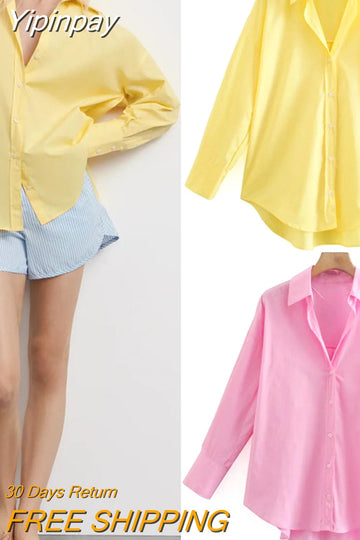 Yipinpay Top Woman Yellow Button Up Shirt Women Long Sleeve Spring 2023 Office Blouse Female Asymmetric Hem Chic Pink Shirt